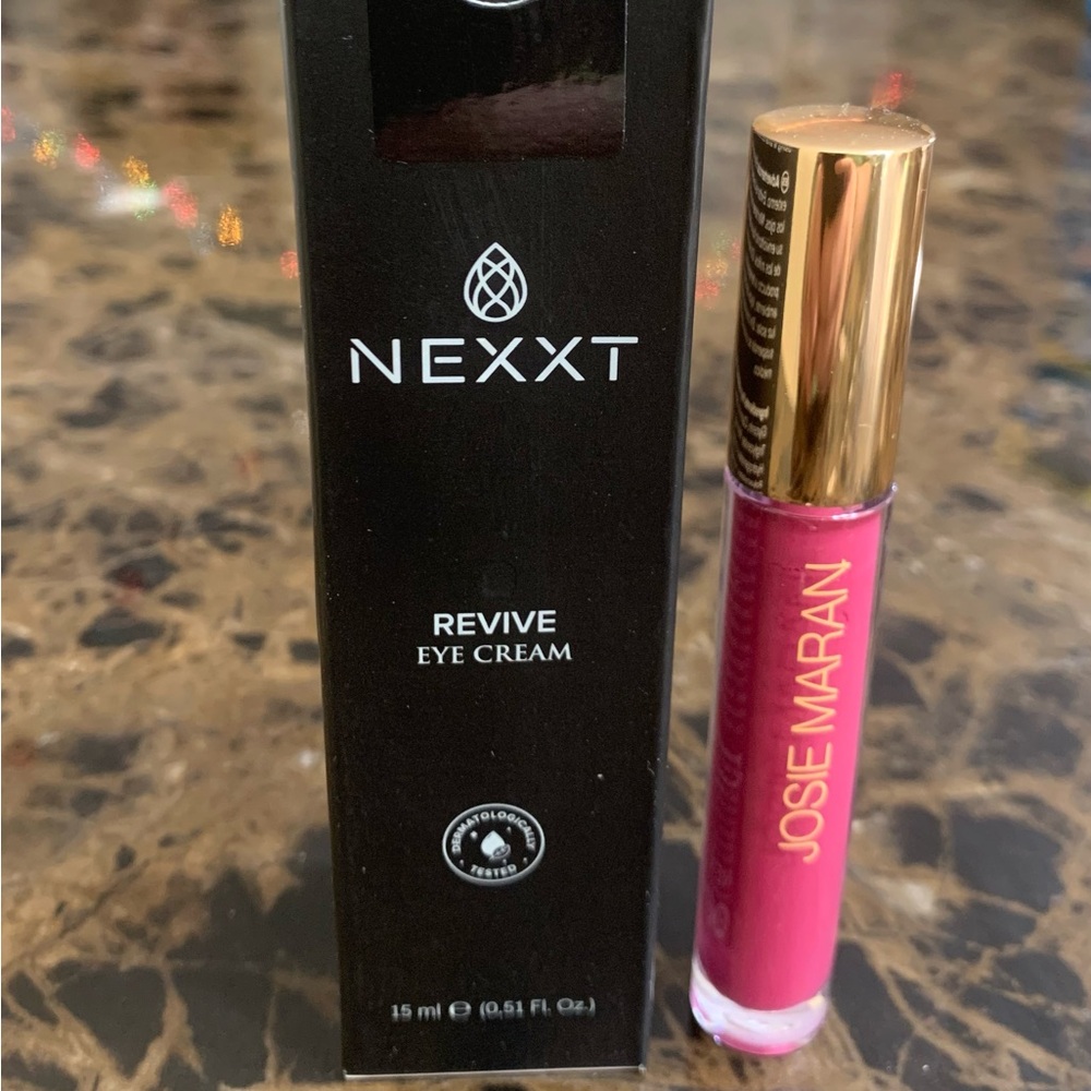 Nexxt Revive Eye Cream and Josie Maran Lip Gloss in shade Voluptuous